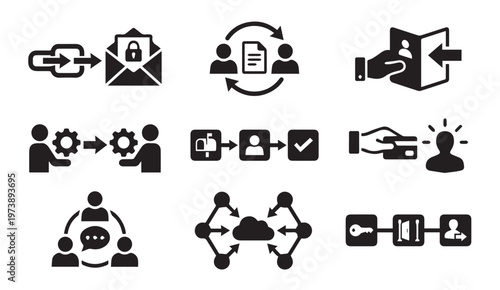 Digital business communication and secure transaction icon collection