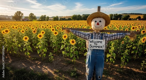 Scarecrow in Sunflower Field with Welcome Sign.