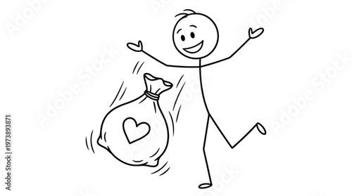 Happy stick figure with a bag of love.