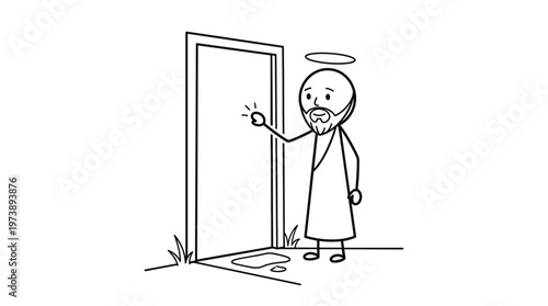 Jesus Christ knocking on heavens door with halo.