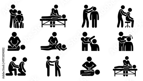 Chiropractor and Patient Silhouette Set – Spine Adjustment, Physiotherapy and Manual Therapy Icons