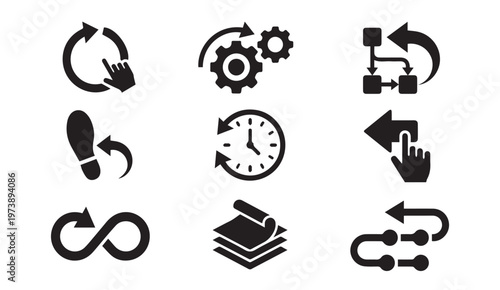 Continuous process workflow and time management vector icons with workflow