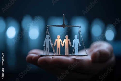 Hand Holding Scales of Justice with Human Figures for Data Rights Legal Protection and Fairness