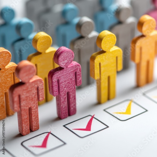 Colorful Wooden Human Figures with Checkmarks on Compliance Checklist for HR and Diversity Concept