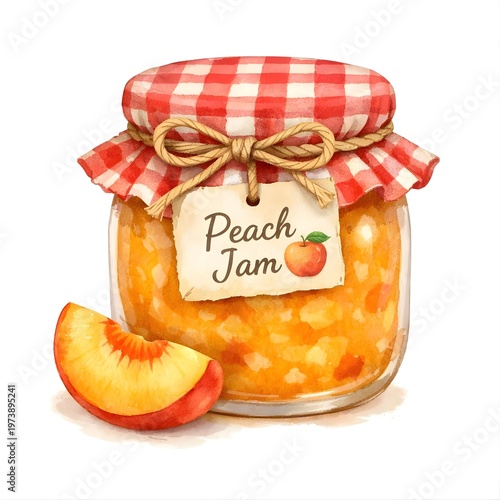 Watercolor glass jar with peach jam and a fresh slice of peach fruit isolated on white background 