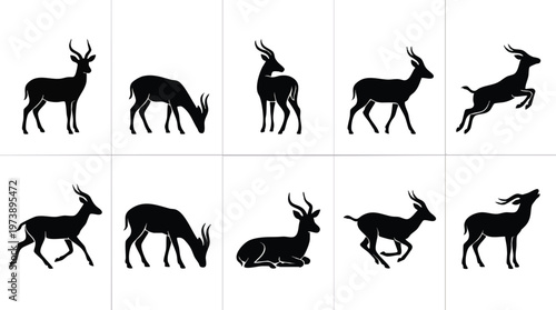 Ten Black Gazelle Silhouettes in Various Poses on a White Grid.
