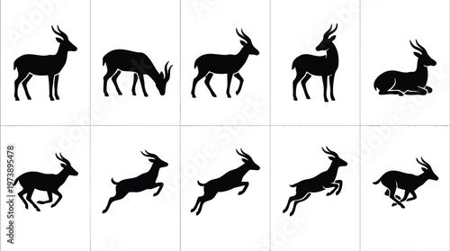 Ten Black Antelope Silhouettes in Various Poses and Movements.
