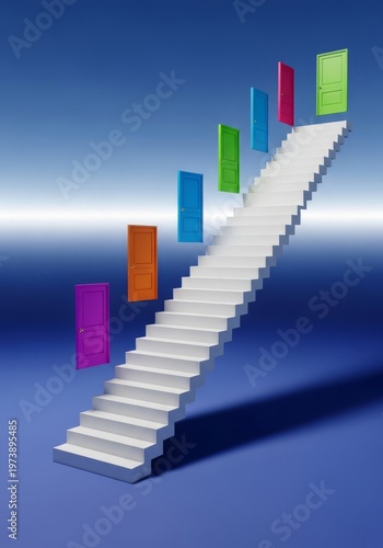 Surreal minimalist composition featuring white geometric stairs ascending toward multiple closed doors in a vast and ethereal void space, stairs, architecture, career