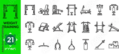 Collection of 21 Weight Training Icons for Fitness and Gym Equipment.