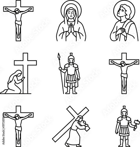 Collection of Christian religious symbols and figures in line art style.