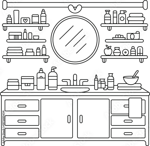 Bathroom Vanity Line Drawing with Mirror and Shelves bathroom, vanity, sink, mirror