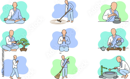 Collection of Monks Performing Various Daily Activities and Spiritual Practices.