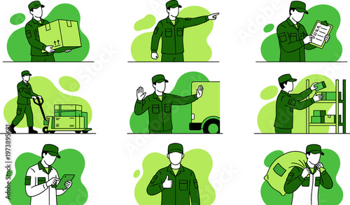 Logistics worker performing various delivery and warehouse tasks.