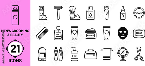 Mens Grooming and Beauty Icons Set.