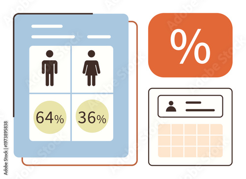 Gender demographics, data analysis, business reporting, statistical research, population studies, percentage comparison. Icons of male and female with percentages, and a graph. Gender demographics