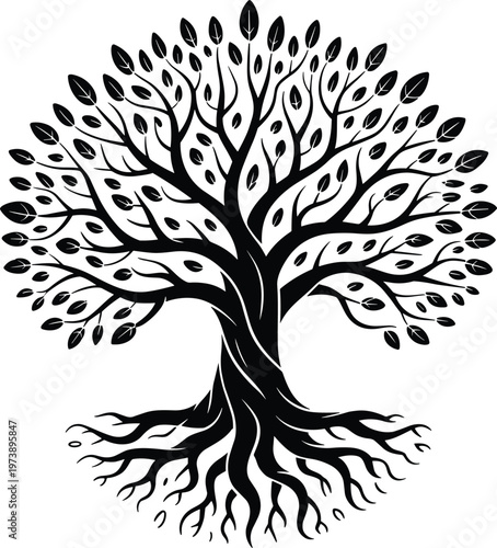 Black Silhouette of a Detailed Tree of Life white background
