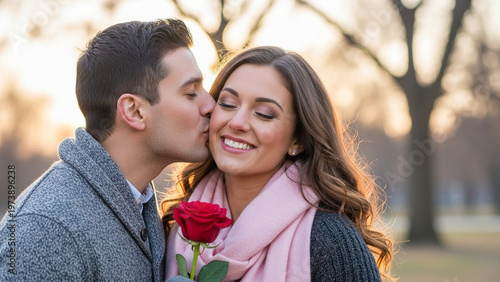 Romantic moment - Man kisses woman on the cheek, holding a red rose in a park.
