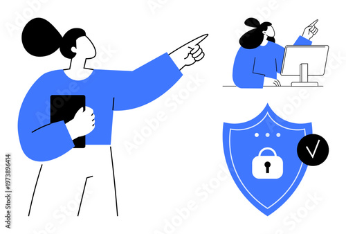Digital security concept. A person points to a screen with a shield lock symbol ensuring digital security. Digital security prevents cyber threats and ensures safe online experiences