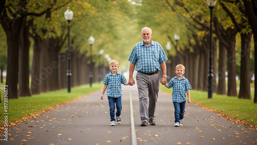 Happy grandfather walking with his two grandsons on a sunny day in the park, holding hands.