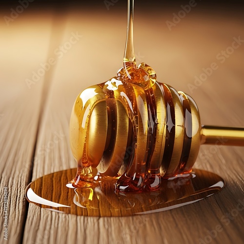 Golden Honey Drizzling from a Honey Dipper on a Wooden Surface.