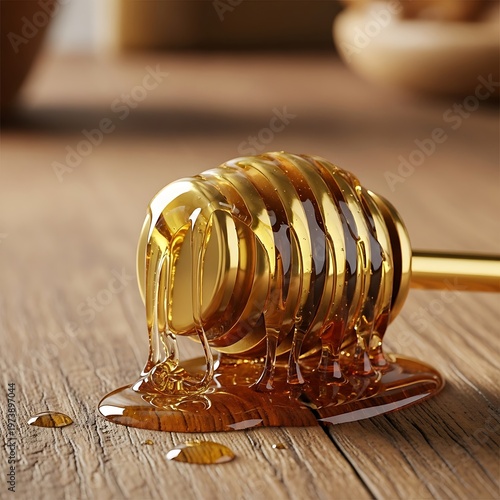 Golden Honey Drizzling from a Honey Dipper on Wooden Surface.