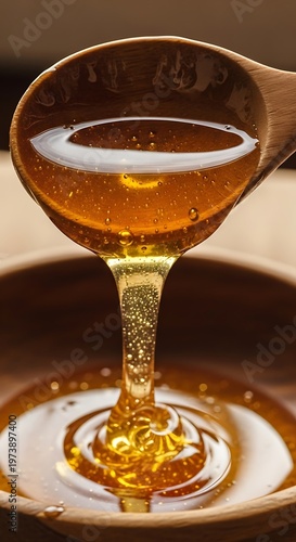 Golden Honey Drizzling from Spoon into Bowl - Sweet and Natural.