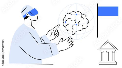 Virtual reality, AI innovation, neuroscience, education, government technology, modern learning. Person in VR headset interacting with digital brain and icons. Virtual reality and AI innovation