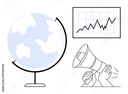 Business growth, global communication, market data, information sharing, economic trends, audience engagement. Globe with chart and hands holding a megaphone. Business growth and global communication