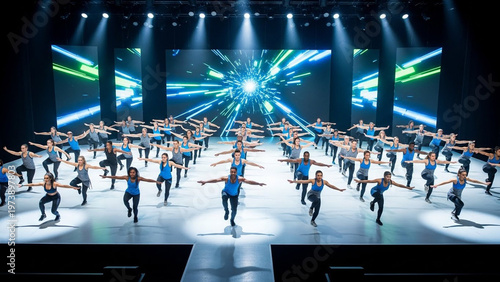 Large group of dancers performing on stage with bright lights and a colorful background.