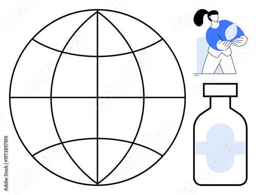 Healthcare, sustainability, vaccines, global unity, environmental awareness, public health. Globe, vaccine vial person holding Earth. Healthcare and sustainability through global