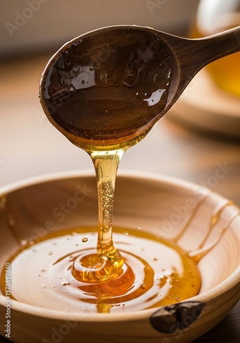 Golden Honey Drizzling from Wooden Spoon into Bowl - Sweet and Natural.