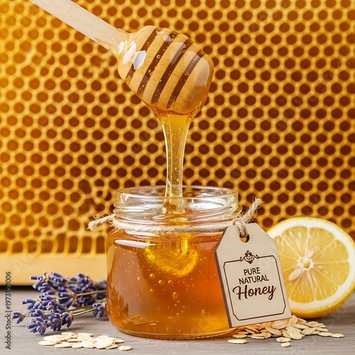 Golden Honey Drizzling into Jar with Lemon and Lavender.
