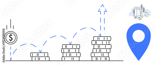 Economic growth, investment planning, business success, financial progress, wealth management, location-based data. Stacks of coins with arrow growth. Economic growth and investment planning concept