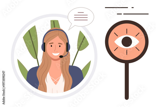 Customer support, communication, user experience, remote assistance, customer service, insight. Smiling agent with a headset and speech bubble, next to an eye icon. Communication and user experience