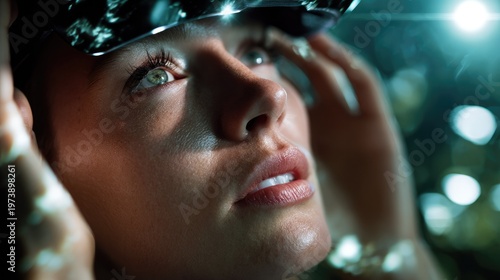 Gazing Towards Future: A woman gazes upward with eyes filled with awe, perhaps at something wondrous or futuristic, her expression conveying a sense of anticipation and wonder. 