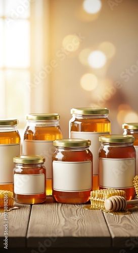 Golden Honey Jars with Blank Labels on Wooden Table.