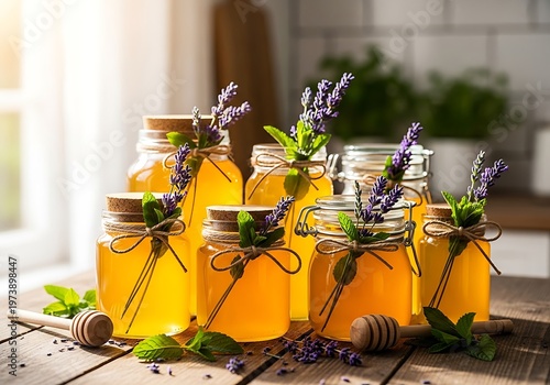 Golden Honey Jars with Lavender and Mint on Wooden Table.