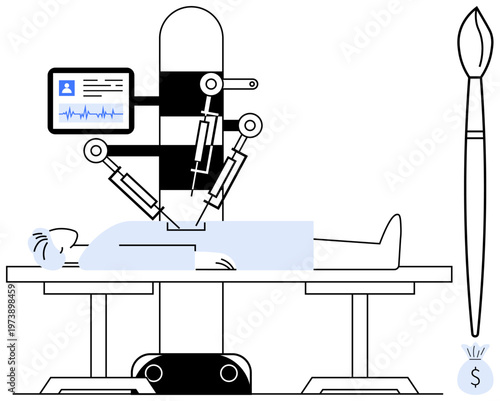 Healthcare innovation, robotic surgery, medical technology, future medicine, automation, precision. A robotic system operating on a patient with electronic monitors. Robotic surgery and medical