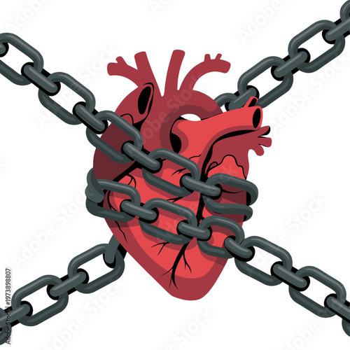 A human heart is constricted by chains, symbolizing emotional entrapment.