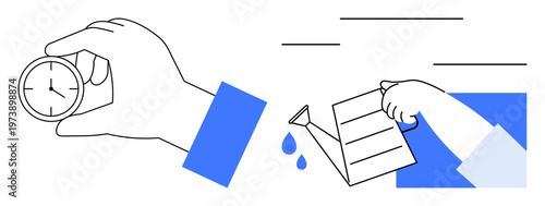 Time management, productivity, efficiency, resource allocation, work planning, multitasking. A hand holding a clock and another watering a paper. Time management and productivity