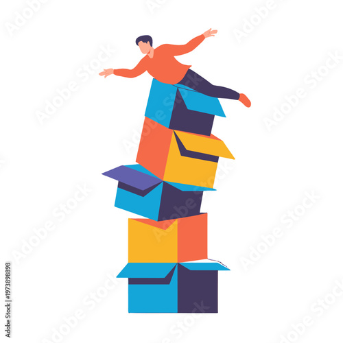A man balancing himself on stack of boxes.