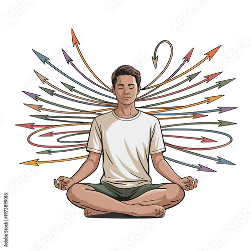 A man meditating amidst a swirl of arrows, representing the focus of the mind.