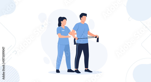 Physical therapist assisting patient with resistance band exercise for rehabilitation