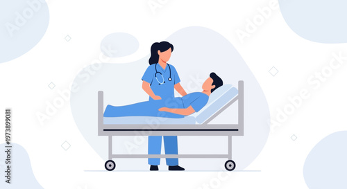 Nurse Caring for Patient in Hospital Bed, Medical Care Illustration