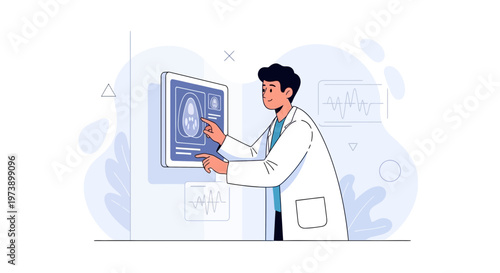 Doctor analyzing medical scan on futuristic screen, healthcare technology concept