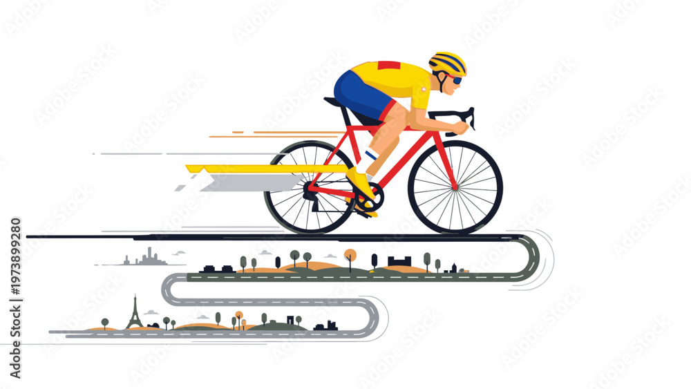 Fototapeta premium Illustration of a cyclist riding a bicycle with motion lines on a white background with cityscape silhouettes.