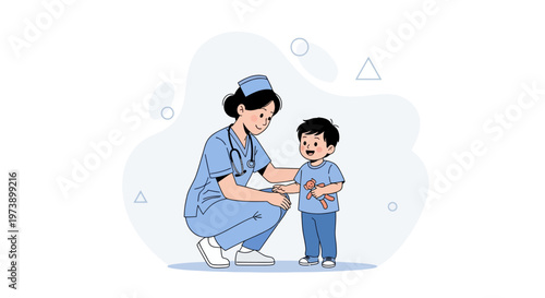 Nurse Crouching Comforting Small Child Holding Teddy Bear, Pediatric Care Illustration