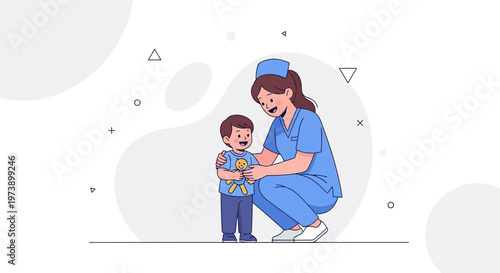 Nurse Cares for Happy Child with Toy, Medical Care, Pediatric Health