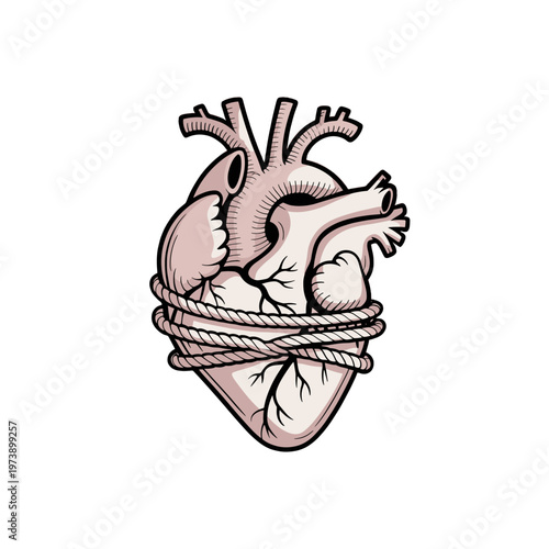 An illustrated heart wrapped with rope.