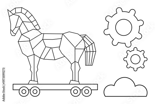 Cybersecurity, malware, data breaches, digital threats, hacking prevention, IT solutions. Geometric Trojan horse with gears and a cloud. Cybersecurity and malware concepts